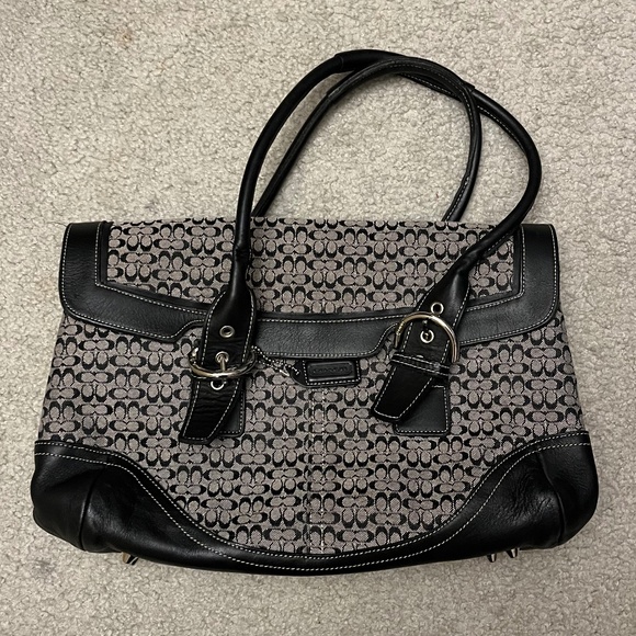 Coach Signature Jacquard Black Hobo Shoulder Bag Leather Trim FP 7080 - Picture 1 of 8